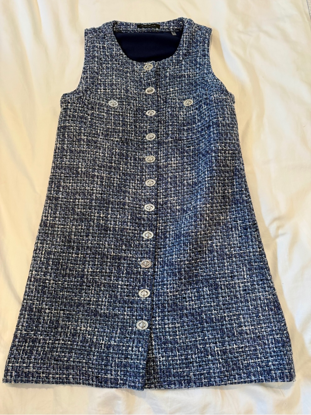 Elie Tahari Girls Navy and White Tweed Button-Front Dress